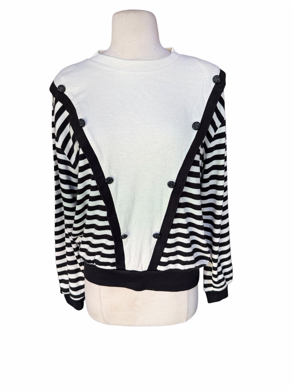 Late 80s Teddi Lightweight Off White & Black Striped w/V Shaped Chest Panel Crew